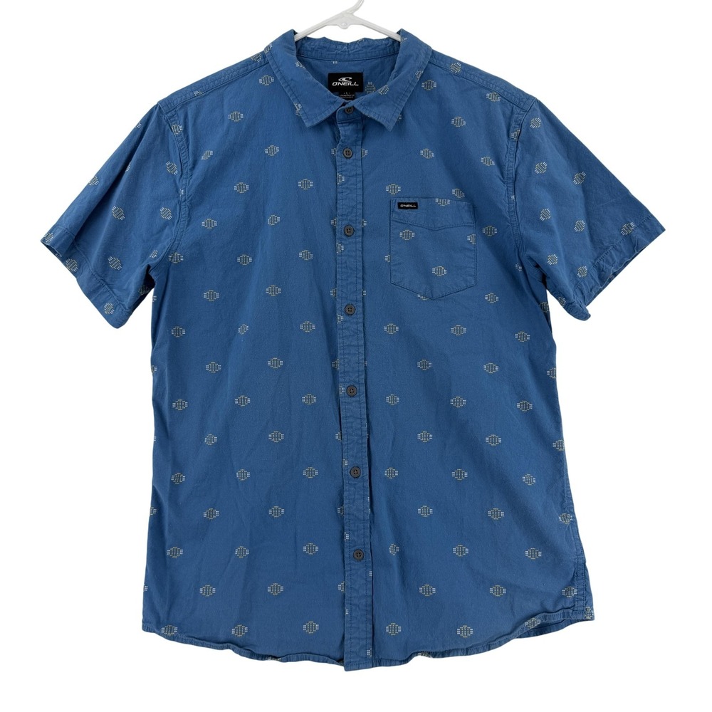 O'Neill‎ Shirt Mens Large Blue Geometric Short Sleeve Button Up Hawaii  Y2K